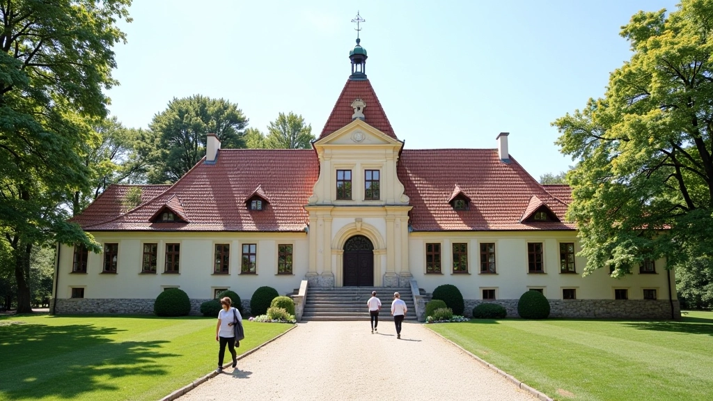 Istorinis paminklas su sena architektūra, akmeninės sienos, vakarinis apšvietimas