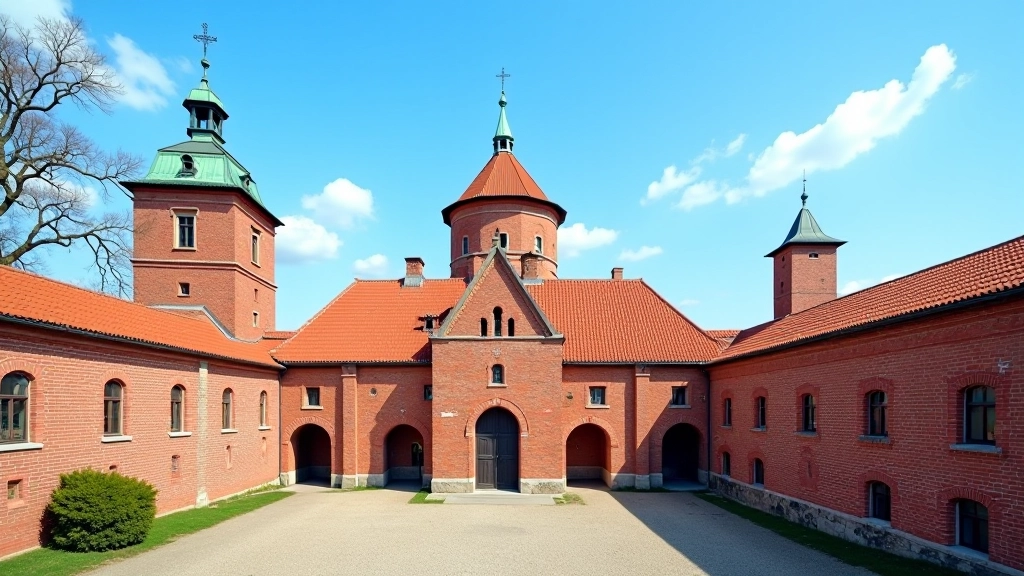 Klaipėdos pilis su raudonais mūrais, žaliomis kupoliais ir gotikine architektūra prieš mėlyną dangų